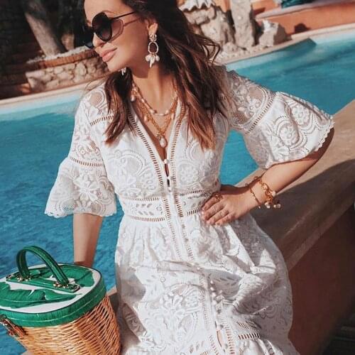 Summer Boho Lace High Waist V-neck Midi Dress Women Hook Flower Hollow Out Single-breasted Short-sleeve Dress