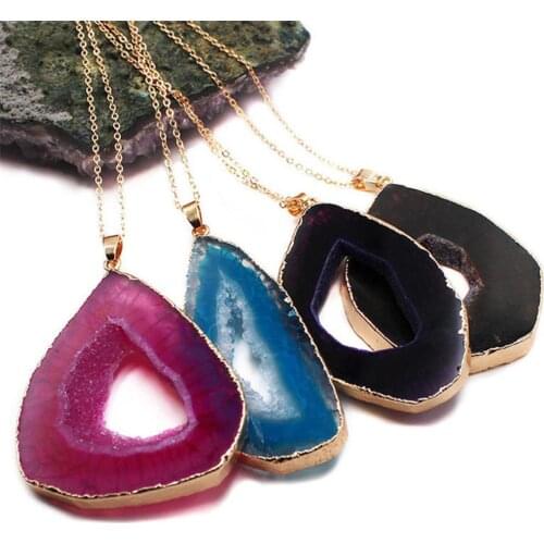 6pcs/lot Natural Stone irregular Crystalline teeth colored agatess tablet necklace rough stone plating golden choker DIY jewelry