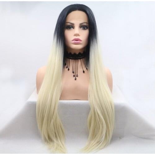 613 Ombre Blonde Wigs Lace Front Synthetic Hair Wigs Pre Plucked Dark Roots Long Straight Cosplay Lace Frontal Wigs For Womens