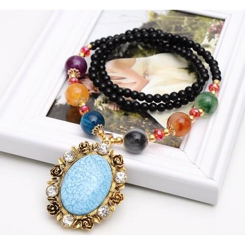 Bohemia Sweater Chain Big Natural blue stone Pendants Flowers long Necklaces for women beads Rhinestone jewelry girl Boho style