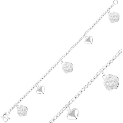 Silver 925 Sterling Dangle Flower & Heart Sterling Bracelet