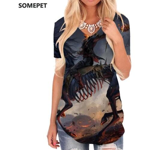 SOMEPET Skull T Shirt Women Horse Shirt Print Halloween T-shirts 3d Flame Tshirts Printed Pumpkin V-neck Tshirt Womens Clothing