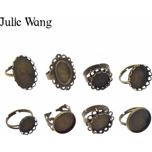 Julie Wang 8PCS Mixed Rings Vintage Antique Bronze Adjustable Blank Base Settings Iron Tray Fit Glass Cabochons Jewelry Ring