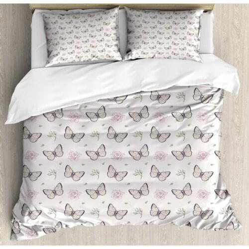 Entomology Duvet Cover Set Leaves Butterflies and Roses 3 Piece Bedding Set Pale Eggshell Pale Sage Green Pale Pink and Champagn