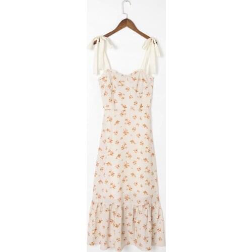 Summer Womens Casual Flower Printed Bowknot Decorated Slim Sling Dress