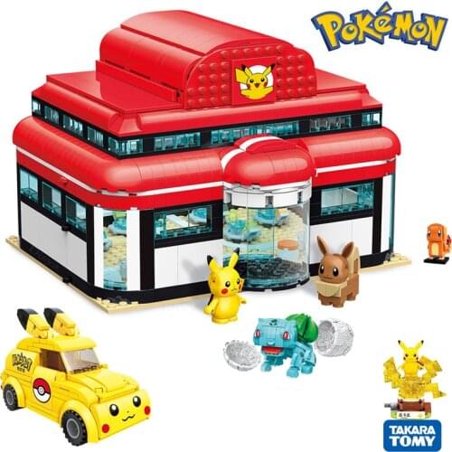 Cartoon Anime Pokemon Pokémon Center House Pikachu Building Blocks Bricks Sets Classic Movie Model Kids Toys For Children Gift
