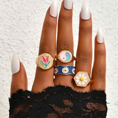 Fashion Geometric Enamel Flower Taichi Yinyang Rings Set Sweet Gold Finger Rings for Women Girl Personality Jewelry Gifts