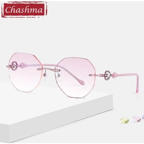 Chashma Titanium Alloy Fashion Female Eye Glasses Diamond Trimmed Rimless Spectacle Frames Women Sunglasses Tint Lenses