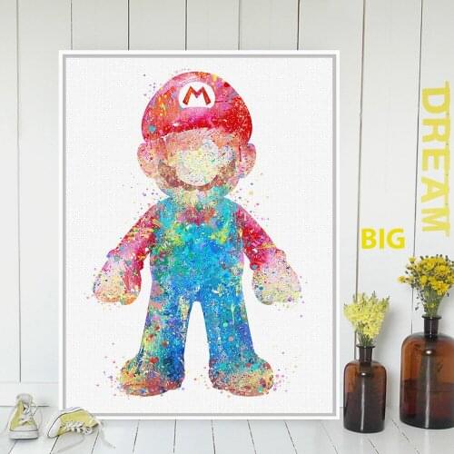 Original Watercolor Super Mario Cartoon figure Art Print Poster Wall Picture Typography Canvas Painting Kids Room Home Decor