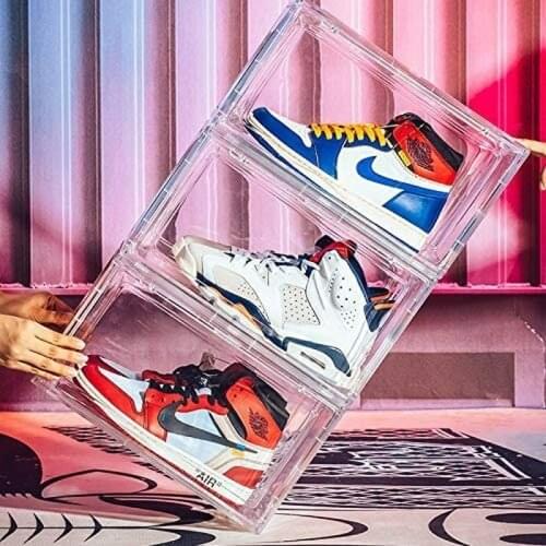 Clear Shoe Boxes with Lids Stackable Side Display Shoe Box Magnetic Door 360 Degree Full Clear Sneaker Storage Shoe Box