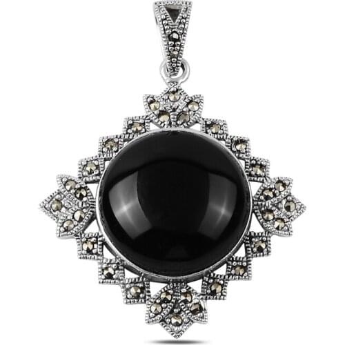 Silverlina Silver Marcasite & Onyx Gemstone Pendant
