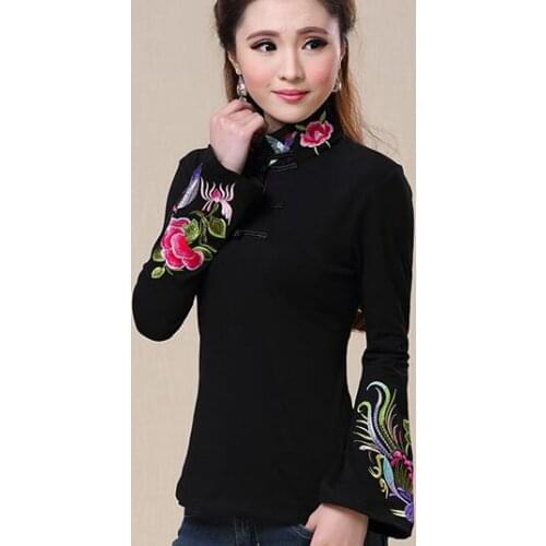 Traditional Chinese clothing women pullover female autumn m-4xl vintage ethnic mandarin collar embroidery cotton t shirt AF579
