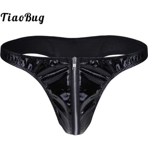 TiaoBug Men Black Patent Leather Briefs Bikini Hot Sexy Male Underwear Front Zippered Penis Bulge Pouch Low Rise Underpants