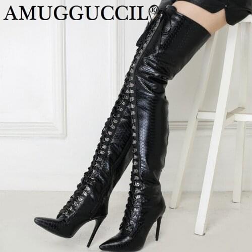 2020 Plus Big Size 34-47 Black Zip Lace Up Buckle Fashion Sexy Thigh High Heel Over The Knee Winter Autumn Lady Women Boot X1786
