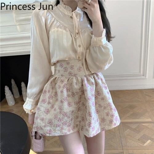 French Palace Lolita Girl 2 Piece Sets Flare Sleeve Ruffled Bow Sweet Shirt&High Waist A Line Floral Skirt Retro 2pc Dress Suits
