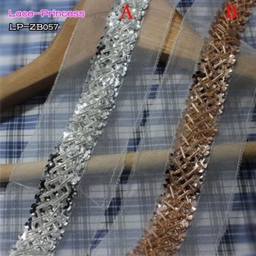 1 yard 2.5CM Silver champagne sequins beads clothing accessories collar flower DIY handmade beading Braid lace trim fabric ZB057