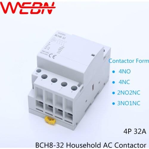 BCH8-32 Series 4P 32A Auto Operation AC Household Contactor 230V/250V 50/60Hz Contact 4NO/2NO+2NC/3NO+1NC/4NC Din Rail Contactor
