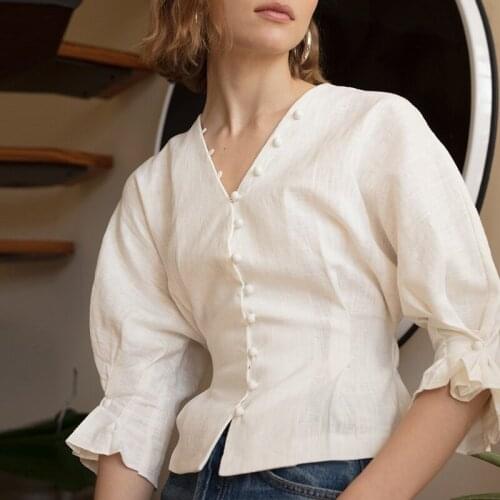 Bella Philosophy 2021 Spring Summer Cotton Linen Women Victoria Court Blouse Puff Sleeve French Style Female Blouse Button Shirt