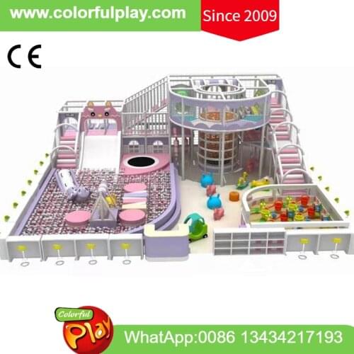 Large indoor playground structure child play land Macaron them with jumping trampoline sand pit slide China supplier