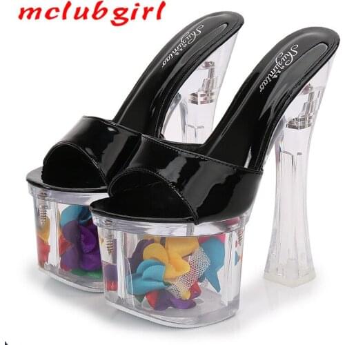 Mclubgirl 18mm Super High Heel Crystal Wedge Waterproof Platform Non-slip Thick Bottom Sexy Super High Heel Sandals LFD