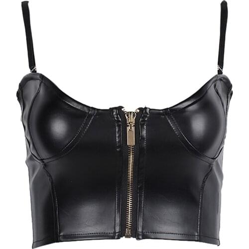 Black PU Leather Zipper Camis Top 2020 Women Slim Cropped Top Fashion Sleeveless Party Sexy Camisole New Arrival