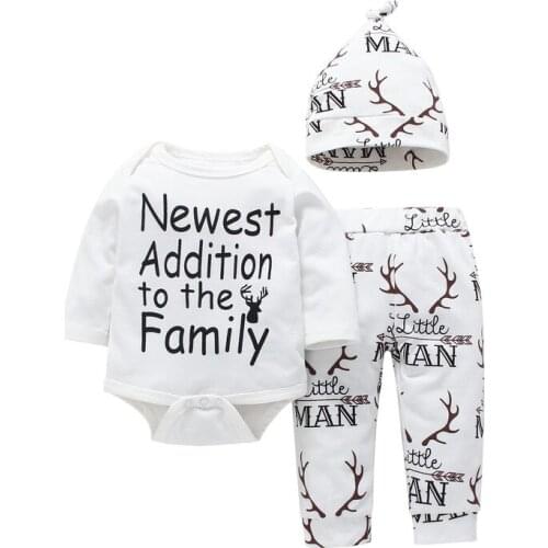 Baby Clothing Newborn Baby Girl English Slogan Letter Romper +Antlers Pants +Hat Baby Jumpsuit Outfit
