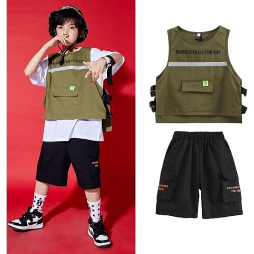 ChildrenS Hip-Hop Dance Costumes Short-Sleeved Tooling Vest Three-Piece Suit Boys Hiphop Jazz Performance Rave Clothes DN9198
