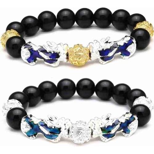 Feng Shui Black Obsidian Beads Silver Pi Xiu Wealth Lucky Bracelet Jewelry Xmas Jewelry Color