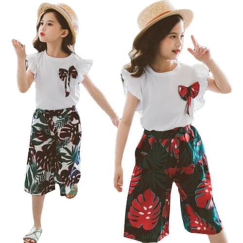 Summer Clothes For Girls bow tshirt + Floral Pants 2PCS Costumes For Girls Teenage Kids Girls Clothes Set 6 8 10 12 13 14 Year