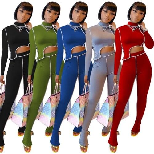 Echoine Cool Line Sports Two-Piece Set Women Slim Slit Stacked Bell Long Pants Asymmetric Tops Fitness Jogger Casual Tracksuit