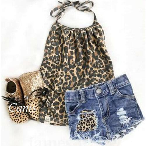 Toddler Kids Baby Girls Halter Bandage Sleeveless Leopard Tops Jeans Button Shorts Summer Outfit Sets 1-6Y