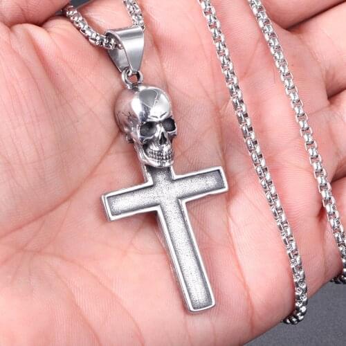 Stainless Steel Gothic Skull Cross Long Men Necklaces Pendants Chain Punk for Boyfriend Male Jewelry Creativity Gift Wholesale