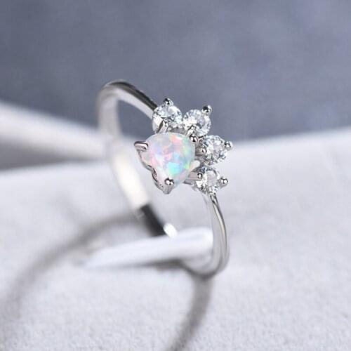New Cute Cartoon Blue White Cat Paw Ring Gem Zircon Heart Engagement Wedding Ring Vintage Sweet Dog Cat Paw Claw Rings For Women