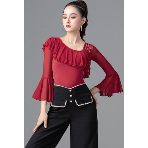New Latin Dance Tops Female Adult Long Sleeve Rhinestone Shirt Professional Rumba Practice Clothes Samba Dancewear DQL5665