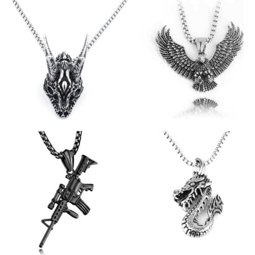 Retro Eagle Gun Pendant Necklace For Women Hip Hop Gothic Stainless Steel Necklace Pendant Men Punk Fashion Goth Necklace New