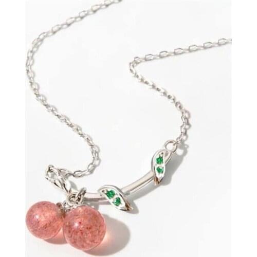 Sole Memory Natural Strawberry Crystal Cherry Leaves Branch 925 Sterling Silver Clavicle Chain Female Necklace SNE482