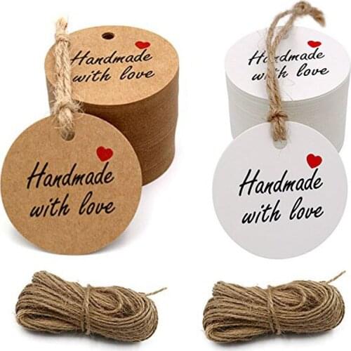 Custom paper tag 100pcs handmade with love tags hole wedding party decoration gift Packaging Hang round paper Tags stationery