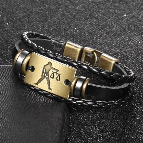Retro 12 Constellation Multi Layer Leather Bracelet For Mens Boys Black Rope Zodiac Sign Charm Bracelet & Bangle Birthday Gifts