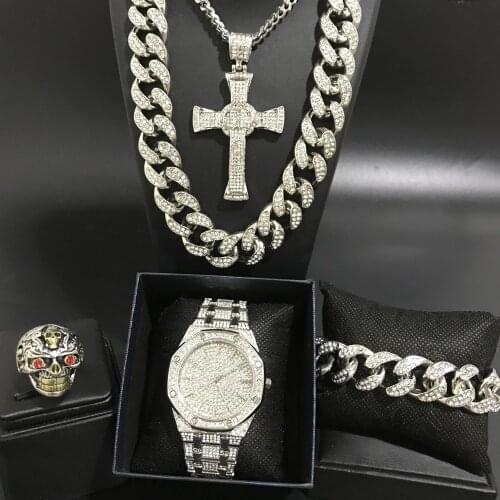 Hip Hop Men Silver Color Necklace Luxury Men Watch & Necklace & Braclete & Ring Jewerly Set Ice Out Cuban Necklace Chain For Men