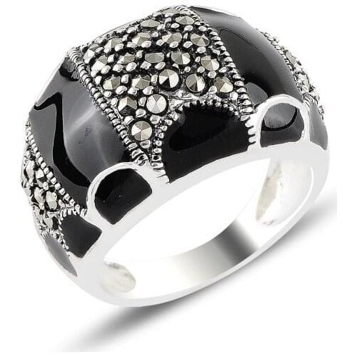 Silver 925 Sterling Enamel & Marcasite Ring