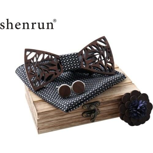 ShenRun Wooden Bow Tie Handkerchief Set Mens Plaid Bowtie Wood Hollow carved cut out Floral design And Box Fashion Novelty ties