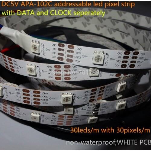 5M DC5V APA-102C addressable led pixel strip;30leds/m with 30pixels/m;WHITE PCB;non-waterproof