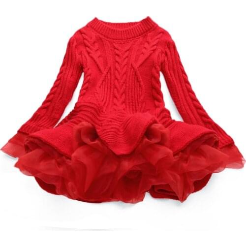 Warm Sweater TUTU Girls Dress Knitted Pullovers Tops Outfits Kid Baby Girl New Years Clothing Spring Fall With Cute Ruffle Lace