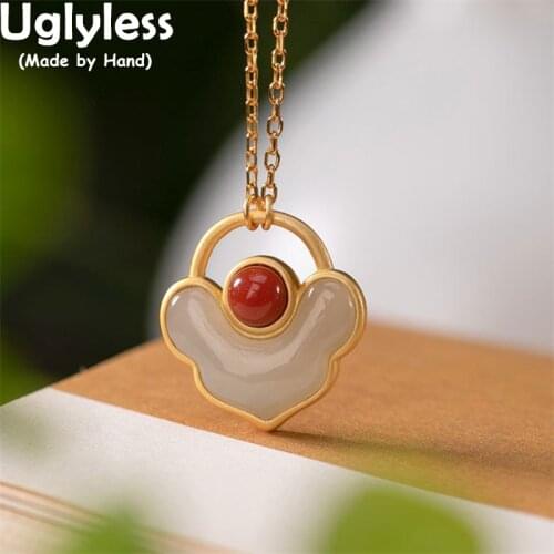 Uglyless RUYI China Chic Abstract Heart Necklaces for Women Gemstones Jade Pendants Gold Retro Ethnic Jewelry 925 Silver + Chain