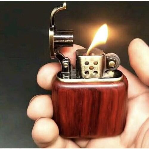 Vintage Kerosene Lighters Gasoline Wood shell Lighter Grinding Wheels Brass Core Cigarette Fire Gadget gasoline Fire Smoker