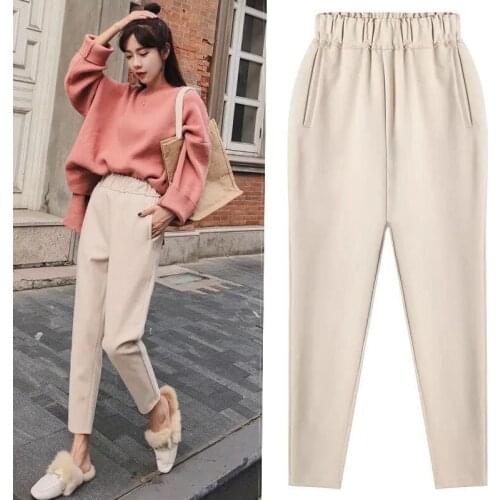 High Quality 2019 Winter High Waist Womens Harem Pants Woolen Women Casual Solid Warm Female Long Trousers