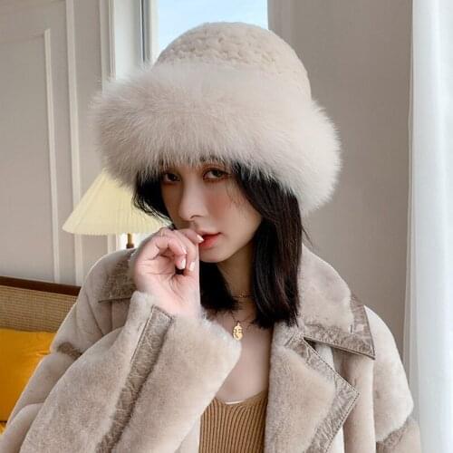 Women Outdoor Real Rex Rabbit Fox Fur Basin Cap Luxury Designer Knitted Cap Autumn Warm Hats TZ8636
