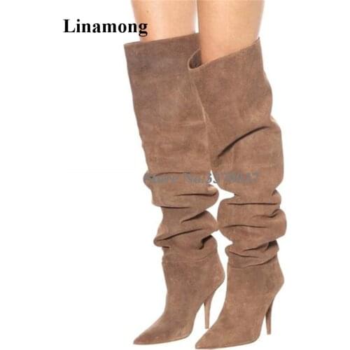 Linamong Women Fashion Pointed Toe Suede Leather Pleated Stiletto Heel Over Knee Boots Slip-on Loose High Heel Long Boots