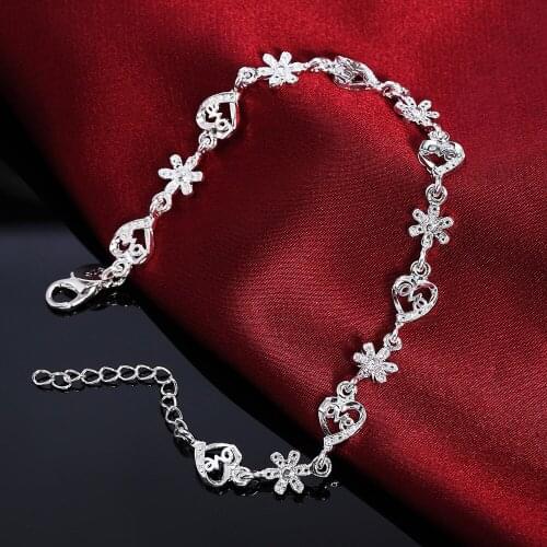Hot fine jewelry Wedding party Holiday gifts Fashion crystal romantic heart flowers chain 925 sterling silver Bracelet for woman
