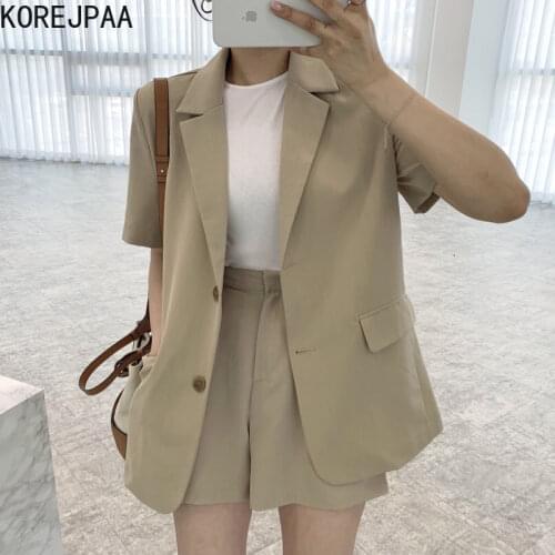 Korejpaa Women Set 2021 Summer Korean Chic Niche Retro Lapel Loose Two-Button Blazer High-Waist Casual Short Wide-Leg Trousers